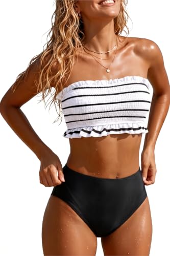 12 Best Off The Shoulder Two Piece Swimsuits for Women Over 50 (2026) 15 Tempt Me Black White Stripe Women Bandeau High Waisted Bikini Sets Smocked Swimsuit Strapless Two Piece Bathing Suit M