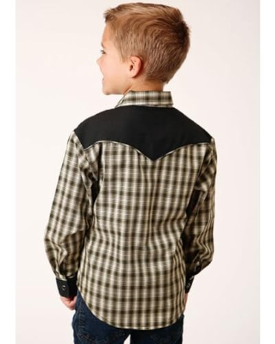 BOYS LONG SLEEVE SNAP OLIVE BLACK CREAM WINDOWPANE PLAID WESTERN SHIRT2