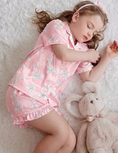 Image of Arshiner Girls Pajamas Silk Satin Pajama Set Button Pjs Ruffle Sleepwear | 2 Piece Nightwear, Silky Soft Lounge for Little & Big Kids, Ideal for Sleeping and Sleepover Party
