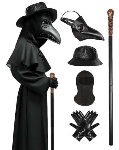 jiobabe Plague Doctor Halloween Costume for Kids Boys Girls Steampunk Leatherface Costume Child Medieval Black Plague Outfit with Beak Mask Cane Hat Gloves GR025L
