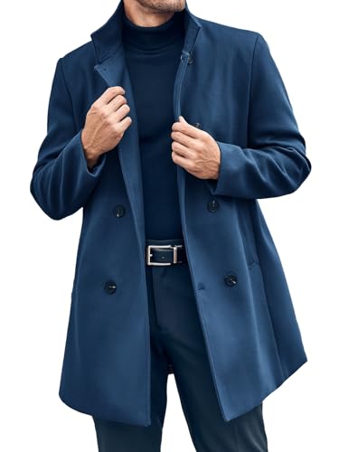 Runcati Mens Mid Long Trench Coat Winter Double Breasted Pea Coat Casual Business Warm Overcoat