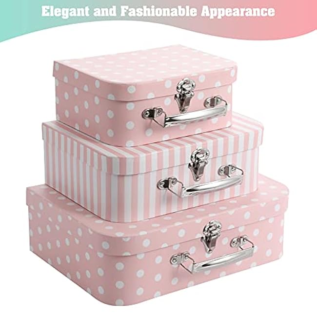 Set of 3 Paperboard Suitcases Storage Box Storage for Photo Storage Home Decoration, Wedding, Birthday, Anniversary and New Year Gift Decoration (3Pcs, Pink Dots and Stripes)