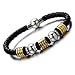 Mens Genuine Black Braided Leather Bangle Bracelet with Stainless Steel Bead String and Magnetic Clasp