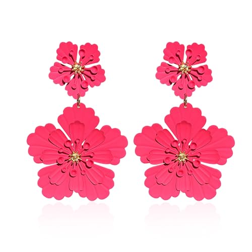 QIAOLEHUI Large Metal Double Flower Earrings for Women Boho Statement