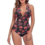 STUOARTE One Piece Swimsuit for Women Skull Printed Tummy Control Vintage Swimwear Retro Halter Push Up Bathing Suit