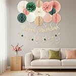 24Pcs ​Boho Style​ All-In-One ​Party Decorations Kit, ​Happy Birthday Banner​ with Honeycomb Balls, Paper Flowers, Lanterns, Hanging Swirls, Garland for ​Women, Girls Celebrations​ (Pink Sage Green) - Image 2