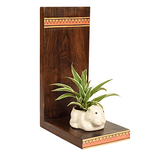 Image of AAKRITI ART CREATIONS Puppy Wall Decor Shelf with Ceramic Pot | Handmade Wooden Wall Hanging Shelf with Planter | Matte Finish Decorative Wall Art for Living Room, Balcony & Gifting