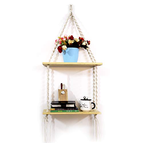 Image of VAH- Kya Bat Hai !! Macrame Wall Hanging, Real Pine Wood Storage Shelves Wall Shelf (2 Layer)