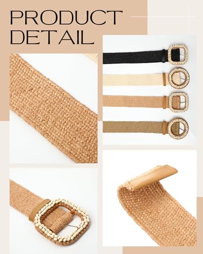 Image of WILLBOND 4 Pcs Women's Elastic Raffia Woven Belt, Boho Rattan Buckle Stretch Straw Wide Waist Belt for Dresses Jeans Pants