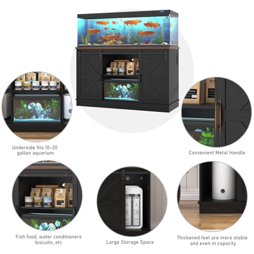 Image of Hlivelood Farmhouse 55-75 Gallon Fish Tank Stand with Power Outlet, Aquarium Stand w /Cabinet&Sliding Barn Door, Heavy Duty Reptile Tank Stand for Fish /Turtle /Reptile Terrarium, 1000LB Capacity, Black