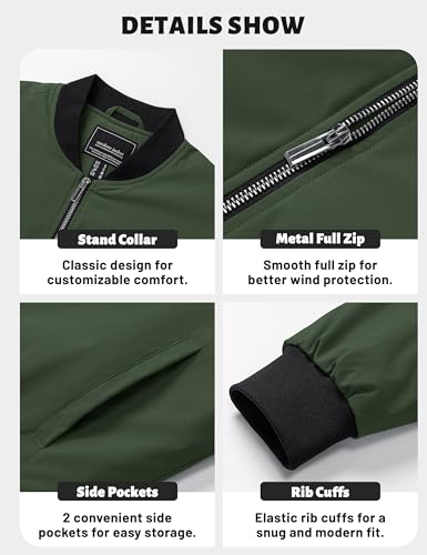Image of TACVASEN Men's Bomber Jacket Fall Winter Warm Full Zip Windbreaker Jackets | Water-repellent windproof quilted jacket, 3 utility pockets, versatile for fall winter cold weather