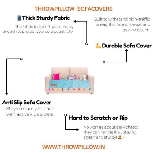 Image of WWW.THROWPILLOW.IN Blue Sofa Cover Multicoloured Tassels: Sofa Slipcover: Thick Fabric, Anti-Slip, Stylish & Functional: Seat Protection -Set of 3 Seat Covers- 4 Seater Sofa Cover Set (2+1+1 Seater)