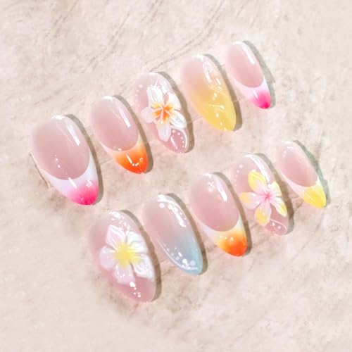 24Pcs Flower Press on Nails Medium Almond with Colorful Flowers