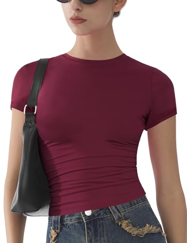 Womens Basic Short Sleeve Slim Fit T Shirts Soft Crewneck Crop Y2k Tees Summer Stretchy Cute Tops Burgundy S