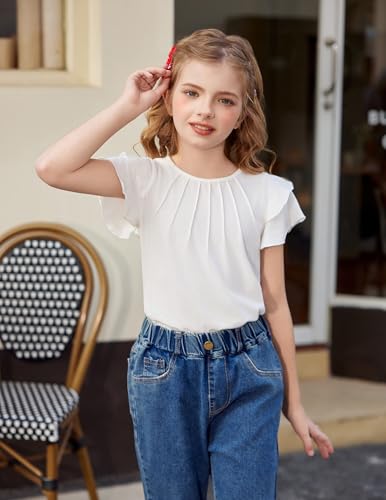 Image of Arshiner Girls T Shirts Ruffle Short Sleeve Summer Pleated Crewneck Casual Tops Tees Blouses