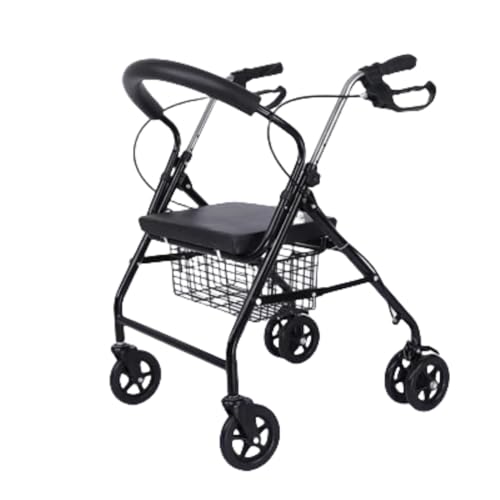 foke 歩行補助車 手押し車 老人 歩行補助具 ショッピングカート 高齢者用 コンパクト 座れる室内 折りたたみ 介護用品 軽量 ハンドブレーキ付き 4つの高さ調節可能 カート 椅子付き (黒 - ショッピングバスケット)