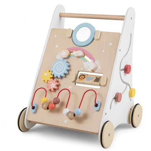 Chariot de marche bebe en bois multi-activite avec blocs de construction