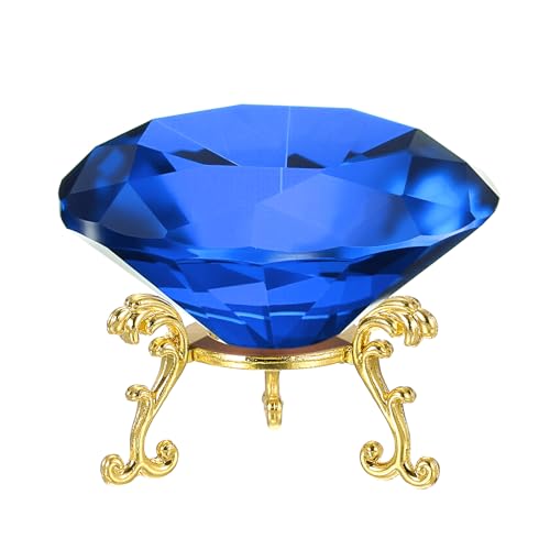 Presse-papiers cristal de qualité diamant bleu foncé 80mm et base dorée chic
