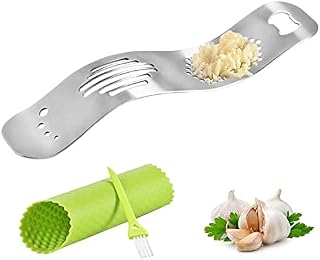 FAVIA Garlic Press Rocker 4 in 1 Stainless Steel with Garlic Crusher & Peeler, Beer Opener , Herb Stripper and Cleaning Brush - BPA Free Dishwasher Safe Cool Kitchen Gadgets (Super S)