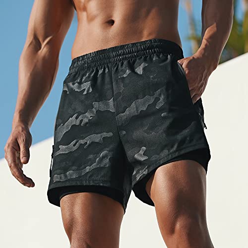 Shorts de corrida 2 em 1 dos homens com bolsos Forro de compressão Treinamento de ginástica Treino d