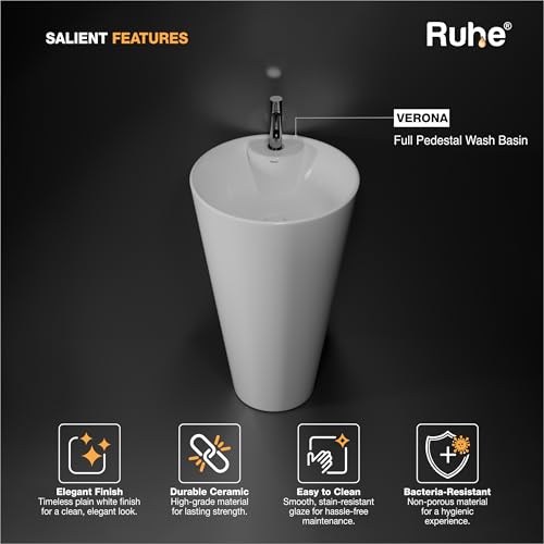Image of Ruhe Verona Pedestal Wash Basin - White | 16 x 16 x 33.3 inches | Ceramic, Glossy Sink | Floor-Mount | Modern Bathroom Look & Durable Quality