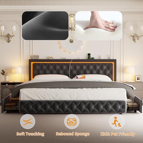 Full Bed Frame with 4 Storage Drawers, Velvet Upholstered Bed Frame Full Size with Charging Station and LED Lights, 46" Adjustable Button Tufted Headboard, No Box Spring Needed, Grey