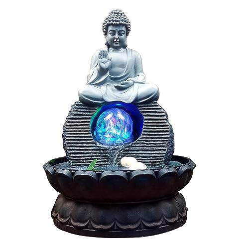 Uziqueif Fontaine de Statue de Bouddha en Résine avec Lotus, Fontaine d'eau de Table d'intérieur Humidificateur - Fengshui Décoration pour Bureau, Maison, Jardin et Terrasse,Gris,Buddha D