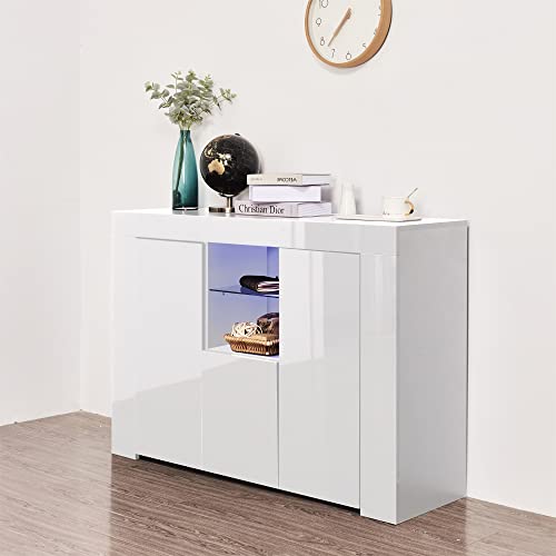 Holaki 45Inch Led Sideboard Buffet Cabinet With Drawer&2 Doors Storage Shelf,High Glossy Front Kitchen Sideboard,Buffet Table With Open Shelves,Display Cabinet,Entryway Modern Cupboard For Home(White) #TOP2
