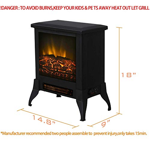 Festival Depot Freestanding Electric Fireplace 1400W Realistic Log Flame Stove Portable Space Heater FireBox Thermostat Control Office Home Living Room Apartment Use Steel Overheat Protect (14“)