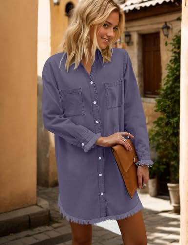 Image of Zilcremo Women Denim Dress Long Sleeve Button Down Jean Shirt | Chambray Casual Tunic Top,Distressed,Fringe Hem,Loose Fit,Mini Length,Country Concert Outfits,Daily Wear,for Spring and Fall