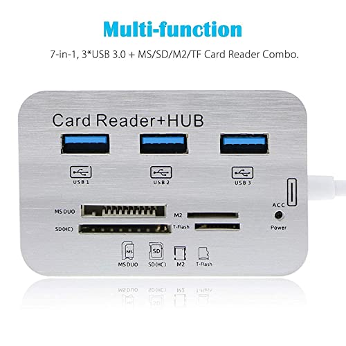 Image of XIKKART 7 in 1 USB 3.0 Combo Card Reader Hub, Ultra Fast Speed, for Laptop PC Tablet, Supports MS Duo /SD /T-Fash /M2 Memory Cards and 3 USB 2.0 Port (White /Silver)