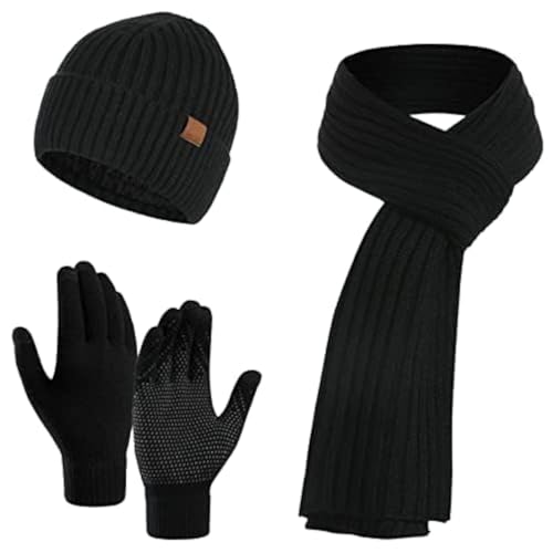 NALACAL 3Pcs Winter Beanie Hat Scarf Gloves Set for Men Womens Ski Cap Touch Screen Mittens Suit Couples Matching Hats for Men Women (Black)