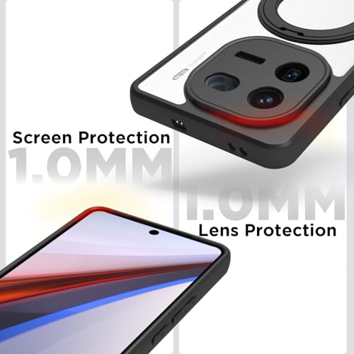 Image of RIGGEAR Shockproof Sleek Hybrid Armor 360 Rotating Magnetic Ring Stand Back Cover Case Compatible with MagSafe Accessories for iQOO 12 5G (Clear PC + Black TPU Bumper)
