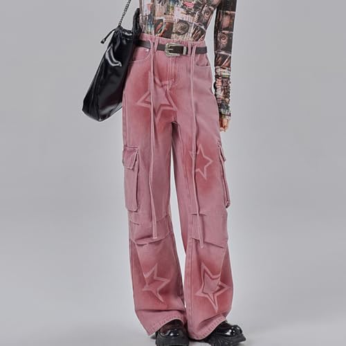 Y2K Fashion Straight High Waisted Wide Leg Jeans Casual Drawstring Gradual Stars Tie-Dye Denim Pants3