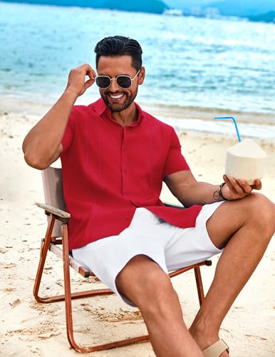 Image of COOFANDY Mens Cuban Guayabera Shirt Short Sleeve Button Down Shirts Summer Beach Vacation Shirts