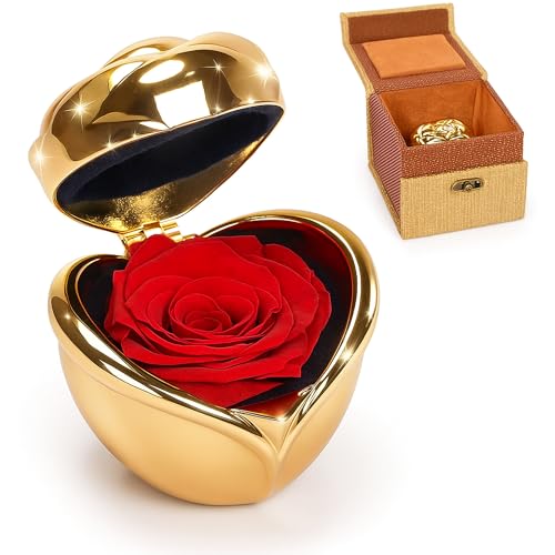 Rosa Eterna Roja en Caja Corazón Dorada – Regalo Romántico para M...