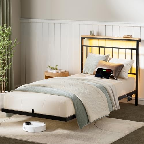 HAUSOURCE Twin Size Floating Bed Frame with Storage Headboard Metal Platform Bed Frame with LED Lights and Charging Station Easy Assembly No Box Spring Needed by HAUSOURCE - Used condition - CA$91.08