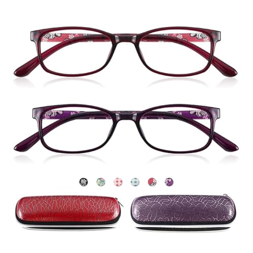 JiSoo Reading Glasses Women 1.75 - Small Ladies Reading Glasses, Flexible Lightweight Cute Womens Readers 2Pack,Red+Purple