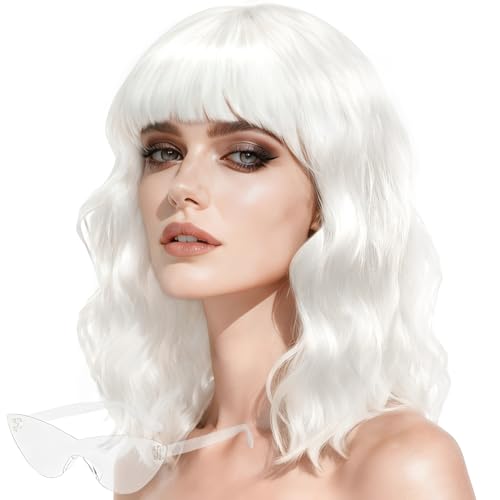 LOHO WONDERZ Wig and Sunglasses Set - 15 Inch Wavy Wig With Bangs - Heat Resistant Bob Wig - Short Curly Wavy Wig - Shoulder Length Wigs for Women - Bachelorette Party Costume Cosplay Wigs (White)