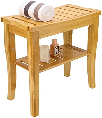 Bamboo Shower Bench with Storage Shelf, 2-Tier Spa Seat Bath Stool for Indoor, Shower Chair Bamboo for Adults Seniors Women Elderly