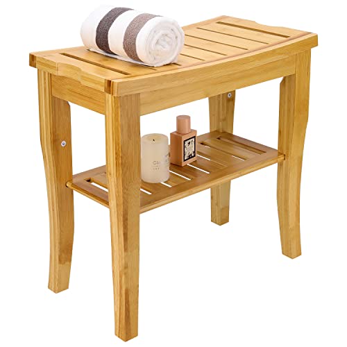 Bamboo Shower Bench With Storage Shelf, 2-Tier Spa Seat Bath Stool For Indoor, Shower Chair Bamboo For Adults Seniors Women Elderly #TOP2