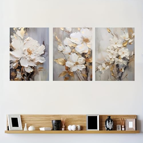 Juego de 3 pinturas abstractas de flores blancas de 30 x 40 cm, lienzos y pósteres de hojas doradas, cuadros de pared para sala de estar, dormitorio (sin marco)