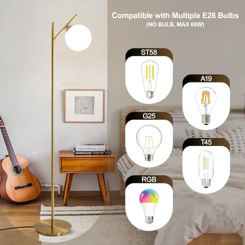 Image of Mid Century Floor Lamp for Living Room Modern Tall Standing Lamp with Frosted Glass Globe Shades Contemporary Brass Freestanding Lamp for Office Bedroom (Gold)