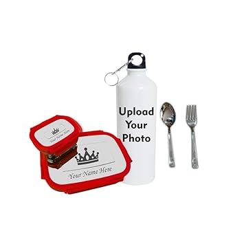 Personalized Kid Combo of Photo printed metal bottle with your picture & Customized Steel Lunch box with Spoon & Fork with name & Character engraved. Christmas Gift For Friends. Christmas Hamper