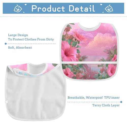 MCHIVER Flower Ocean Pink Baby Bibs for Infants Boys Girls Waterproof Feeding Bib Apron with Food Cather Adjustable Cotton Food Eating Bib 2 Pack3
