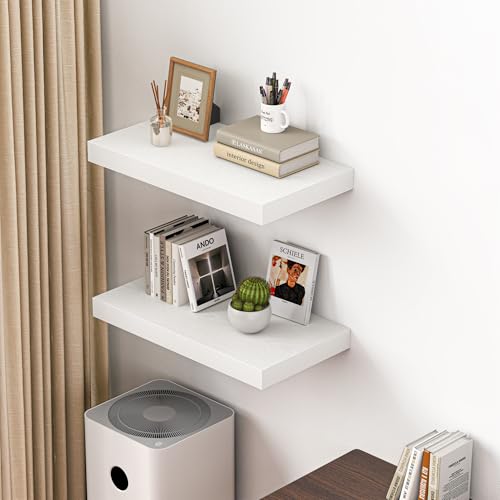 Image of Dreamland 24 inch Floating Shelves for Wall, 12 inch Deep Thicker White Floating Shelves, Wall-Mounted Shelves for Bedroom, Living Room, Kitchen, Bathroom - Set of 2