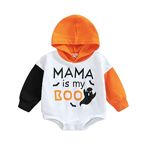 Image of wybzd Newborn Baby Boy Girl Halloween Onesie Pumpkin Outfit Oversized Sweatshirt Hooded Ghost Skeleton Romper Clothes