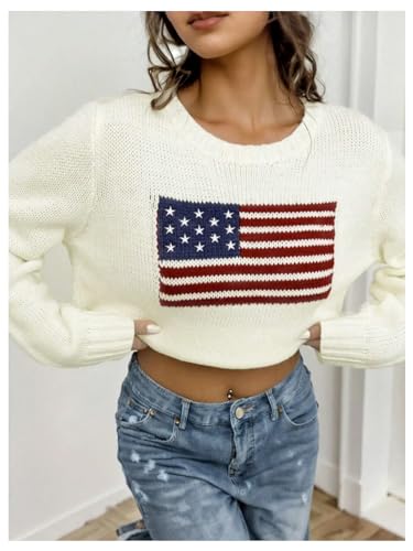 GORGLITTER Women's American Flag Sweater Long Sleeve Round Neck Pullovers3