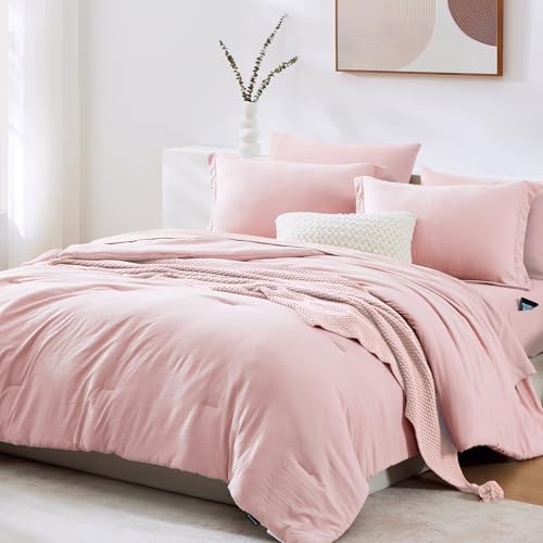 Image of Queen Comforter Set-7 Pieces Soft Prewashed Bed in a Bag Queen Bedding Sets | All Season Comforter with Sheets, Pillow Shams & Pillowcases, Soft Pink