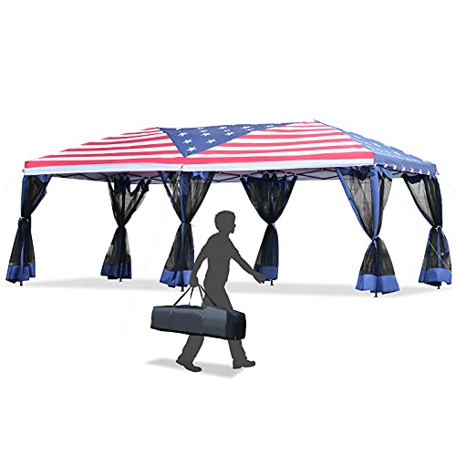 Outsunny 10  x 20  Pop Up Canopy with Mesh Screen Sidewalls, Outdoor Party Tent Gazebo with Oxford Fabric Roof, American Flag